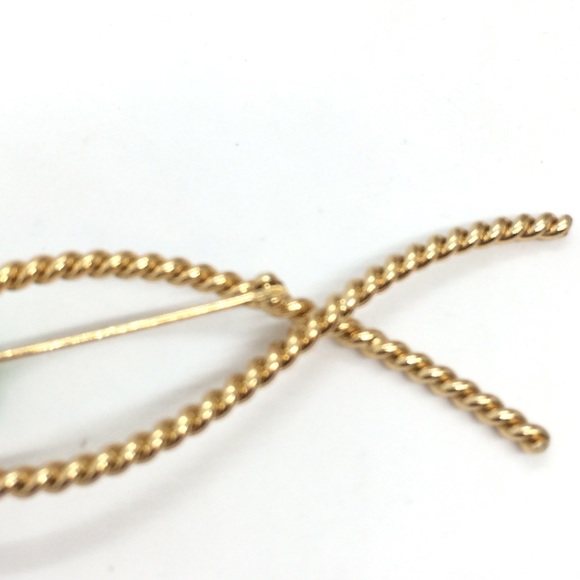 !!SOLD!! VINTAGE NAPIER FISH GREEN EYE GOLD TONE BRAIDED TWISTED WIRE BROOCH PIN - Picture 4 of 10